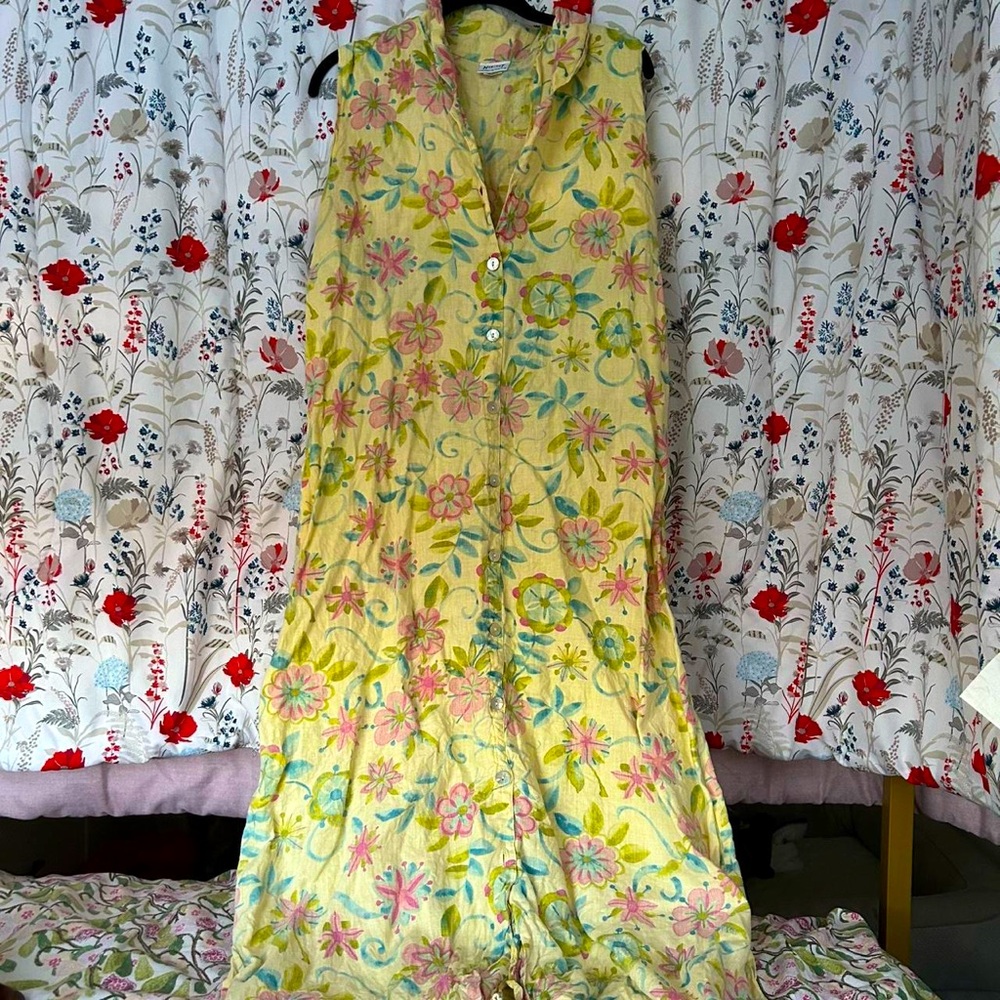 SOLD- Vintage linen, yellow floral maxi dress with button-up front